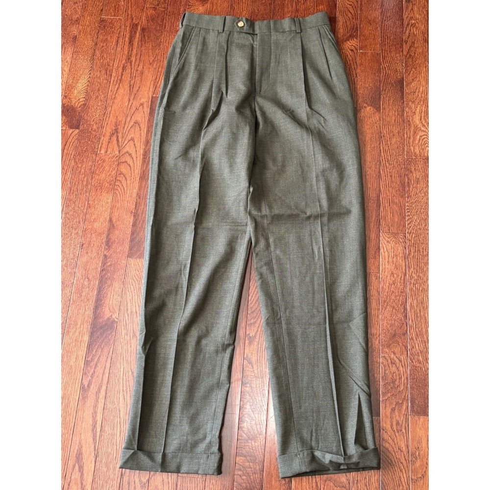 Lands End Mens 30 Traditional Fit Pleated Cuffed Wool Dress Pants Olive Green